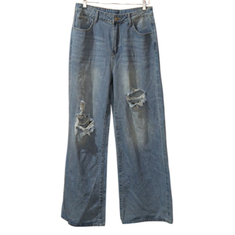 Shein Distressed Wide Leg Jeans High Rise Grunge Streetwear Denim LG